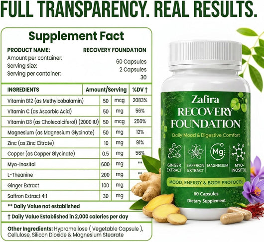 Zafira Organics Recovery Foundation Capsules – Mental Clarity, Hair & Mood Support, Natural Herbal Formula with Saffron Extract, Ginger Extract, L-Theanine, Myo-Inositol, Non-GMO, 60 Capsules