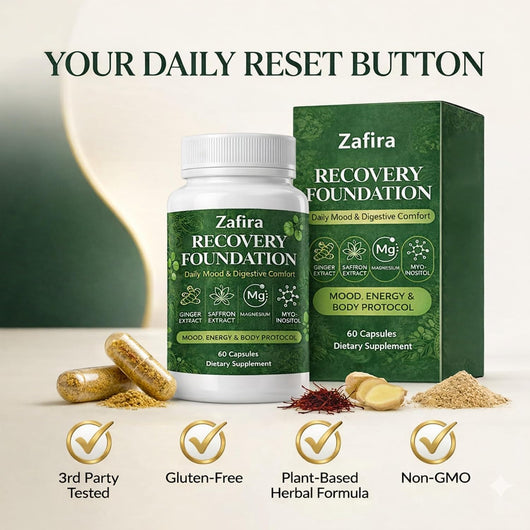 Zafira Organics Recovery Foundation Capsules – Mental Clarity, Hair & Mood Support, Natural Herbal Formula with Saffron Extract, Ginger Extract, L-Theanine, Myo-Inositol, Non-GMO, 60 Capsules