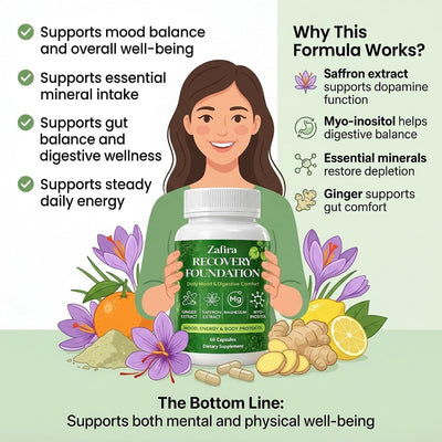 Zafira Organics Recovery Foundation Capsules – Mental Clarity, Hair & Mood Support, Natural Herbal Formula with Saffron Extract, Ginger Extract, L-Theanine, Myo-Inositol, Non-GMO, 60 Capsules
