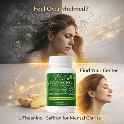 Zafira Organics Recovery Foundation Capsules – Mental Clarity, Hair & Mood Support, Natural Herbal Formula with Saffron Extract, Ginger Extract, L-Theanine, Myo-Inositol, Non-GMO, 60 Capsules