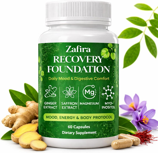 Zafira Organics Recovery Foundation Capsules – Mental Clarity, Hair & Mood Support, Natural Herbal Formula with Saffron Extract, Ginger Extract, L-Theanine, Myo-Inositol, Non-GMO, 60 Capsules